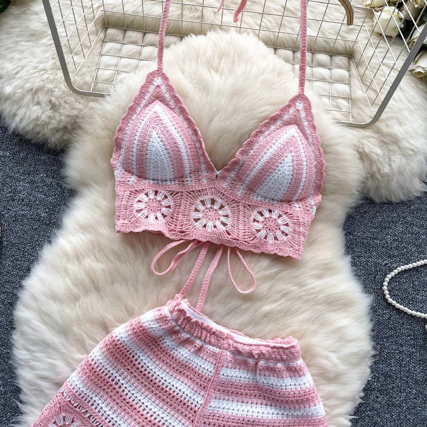 CrochetPalms “Sunlace Bloom” – Ensemble Plage 2 Pièces en Crochet à Fleurs